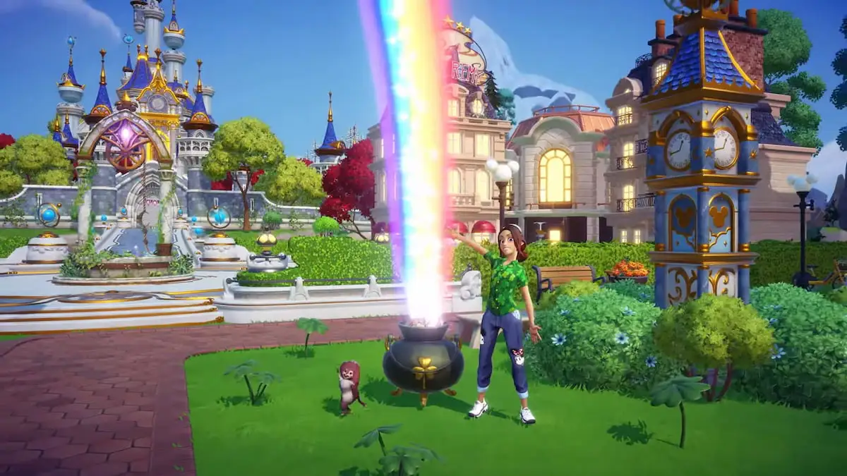 A player wearing a green clover short standing next to a pot of gold with a rainbow shooting out of it in Disney Dreamlight Valley.