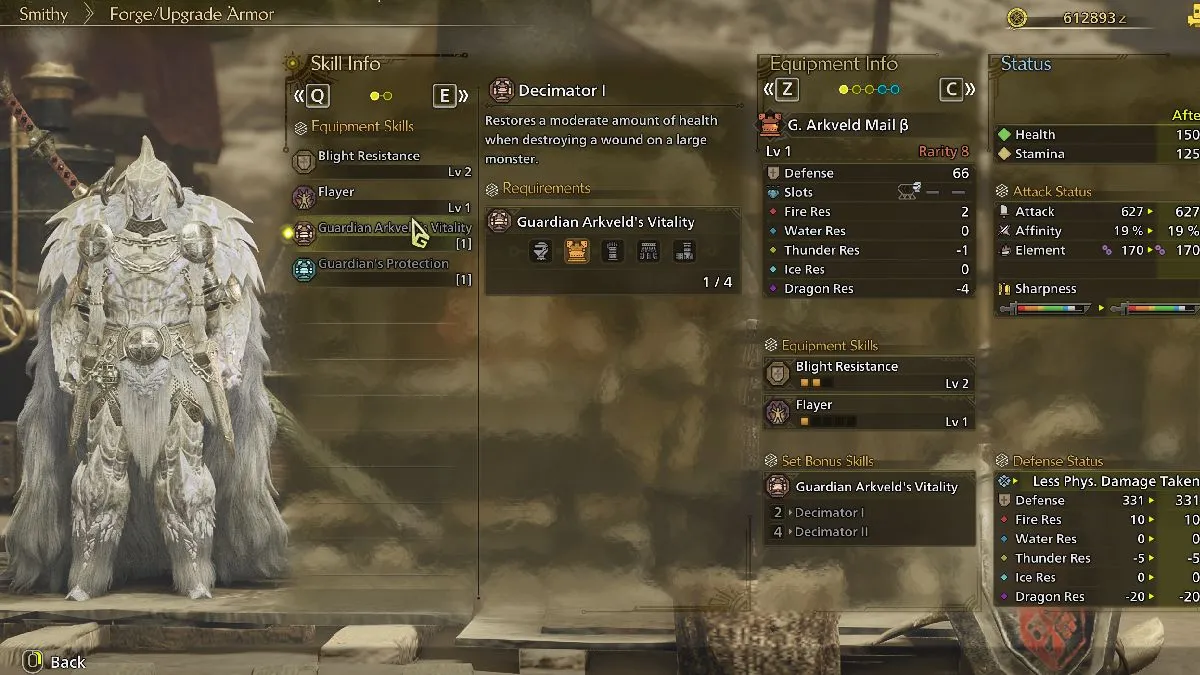 Monster Hunter Wilds Guardian Arkveld armor set and stats white feathery armor