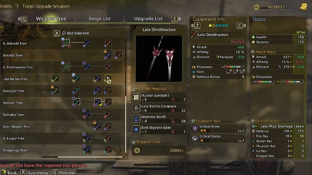 Monster Hunter Wilds Lala Ornithocton craft and stats screen