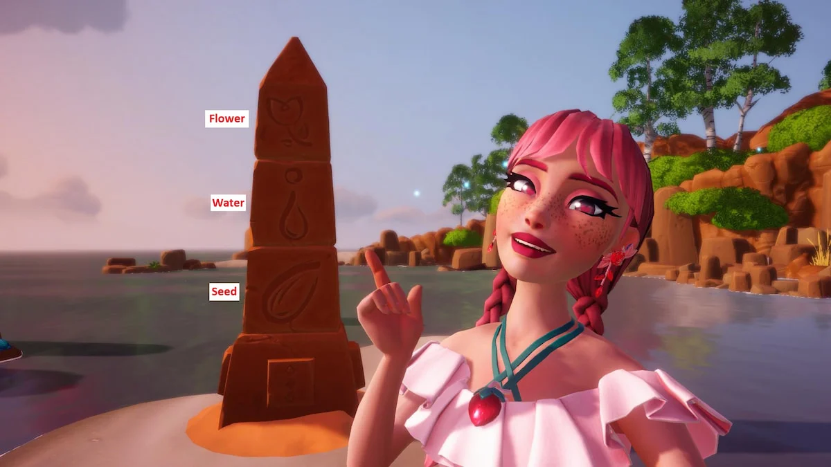 A player in a pink dress with pink braids pointing at a pillar in Disney Dreamlight Valley