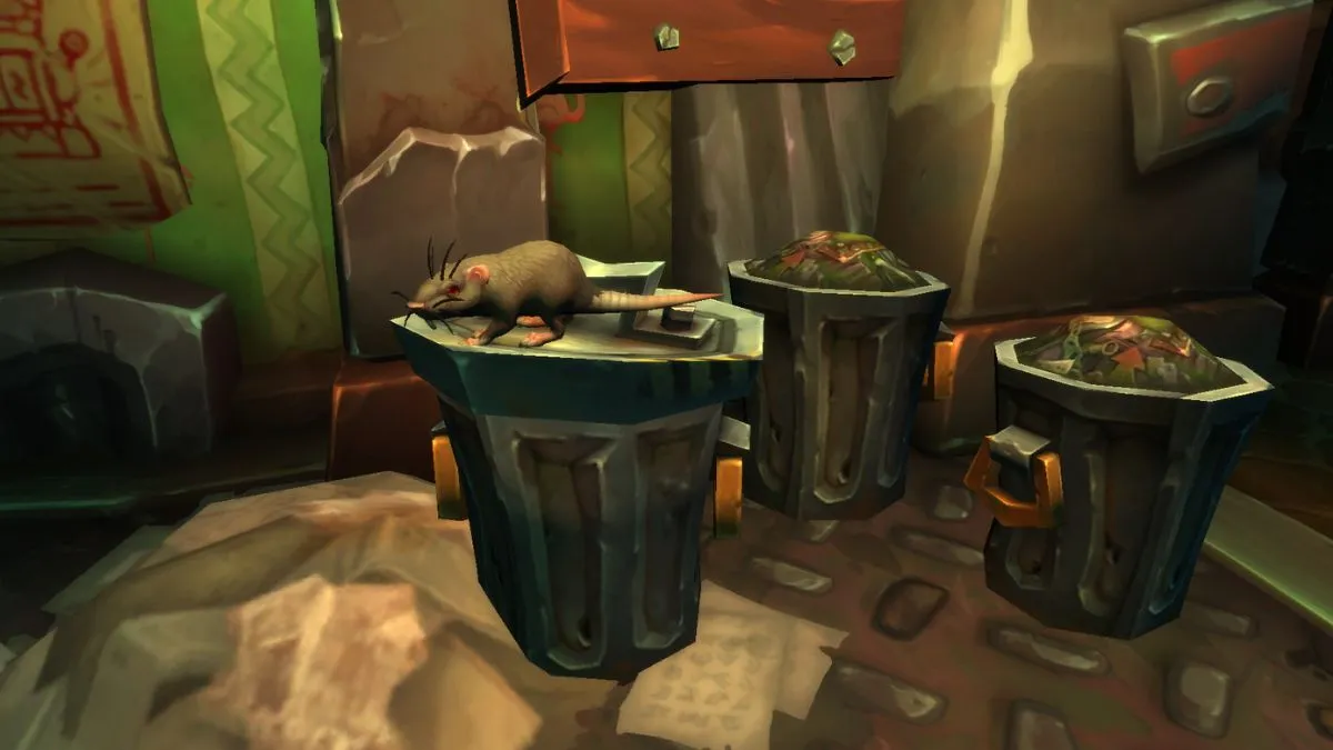 Grabbable rat in World of Warcraft on top of trash cans.