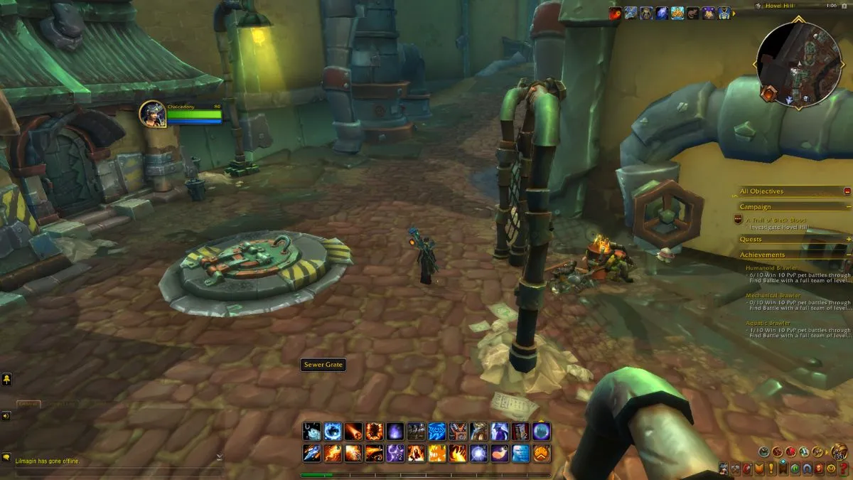 Sewer grate in Hovel Hill in World of Warcraft with player character nearby.