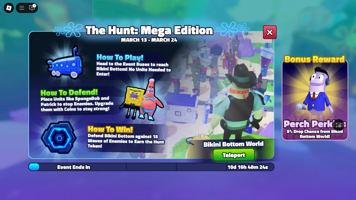 Spongebob Tower Defense in Roblox The Hunt: Mega Edition.