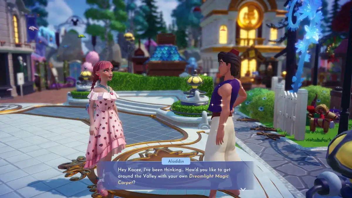 A player with pink braids and a pink strawberry dress talking to Aladdin about making a magic carpet in Disney Dreamlight Valley