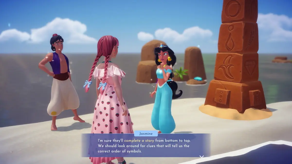 A player in a pink dress with pink braids standing between Aladdin and Jasmine in front of a orange/tan pillar on Ariel's island while talking to Jasmine in disney dreamlight valley.