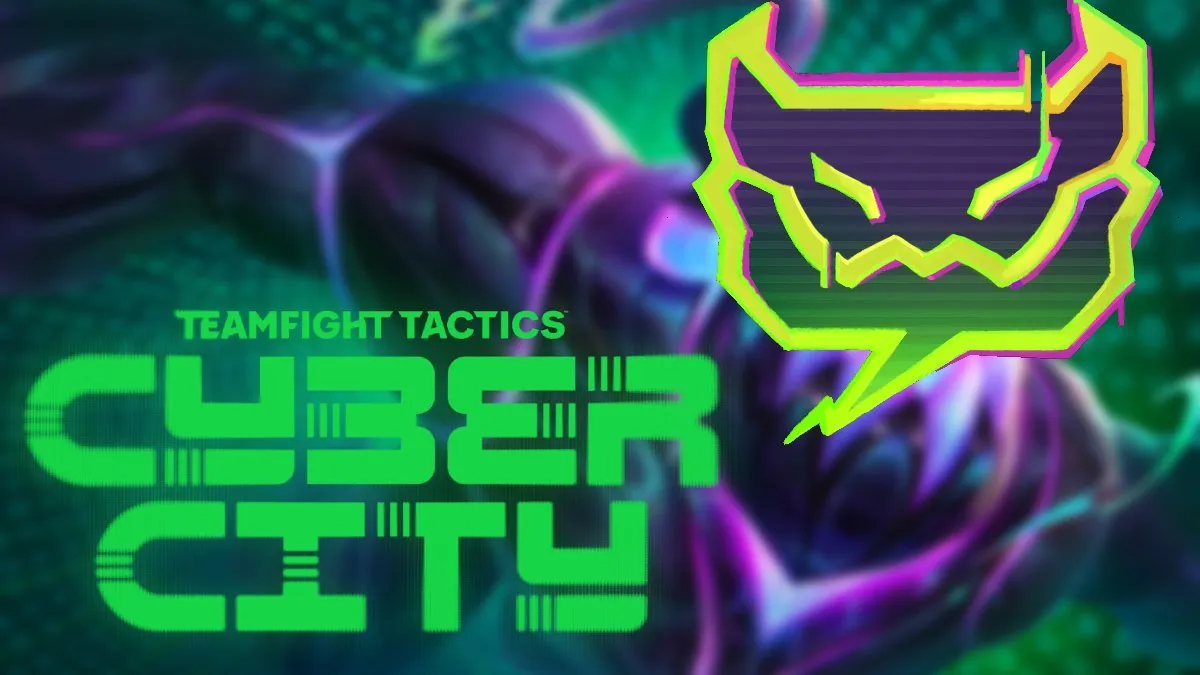 Teamfight Tactics TFT Set 14 hack symbol with cyber city logo on blurred zac background