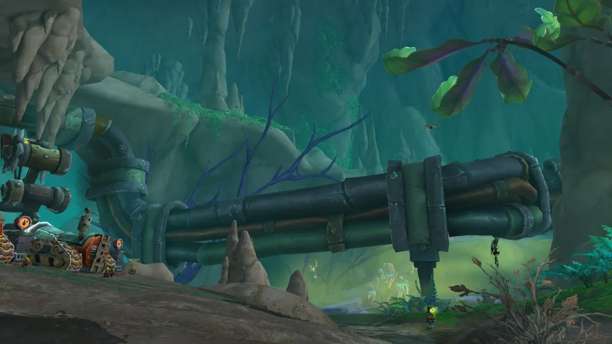 Undermine entrance area in World of Warcraft with a pipe going across the middle.