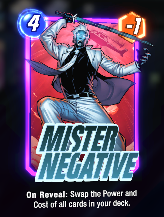 The Mister Negative card in Marvel Snap, with its description below.